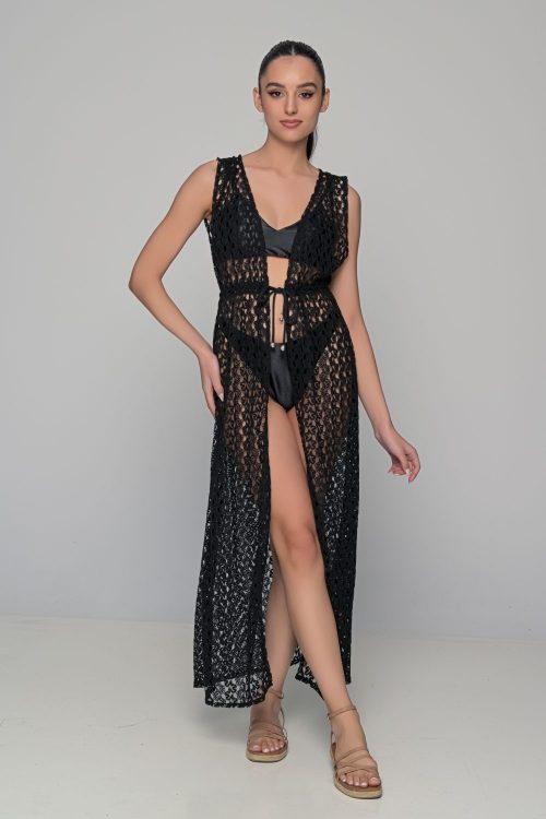 Milena by Paris Μακριά Ζακέτα-Κιμονό Παραλίας Πλεκτή- Μαύρο