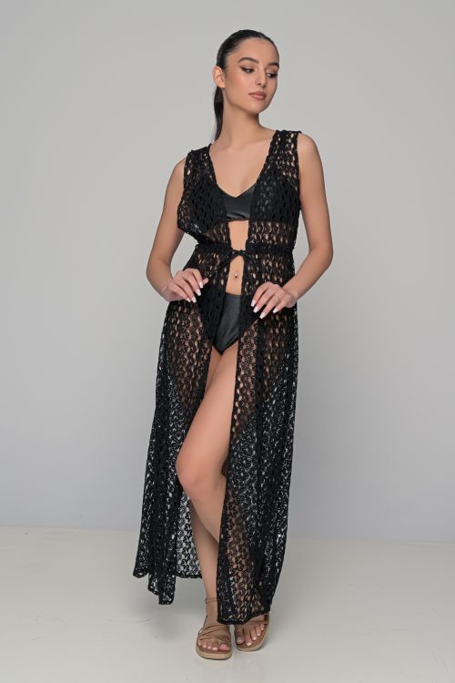 Milena by Paris Μακριά Ζακέτα-Κιμονό Παραλίας Πλεκτή- Μαύρο - Image 2