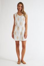 Harmony Λευκό Φόρεμα με Κέντημα Ρόμβος και Ζώνη