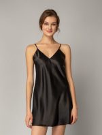 Milena Μαύρο Σατέν Νυχτικό Δώρο το String