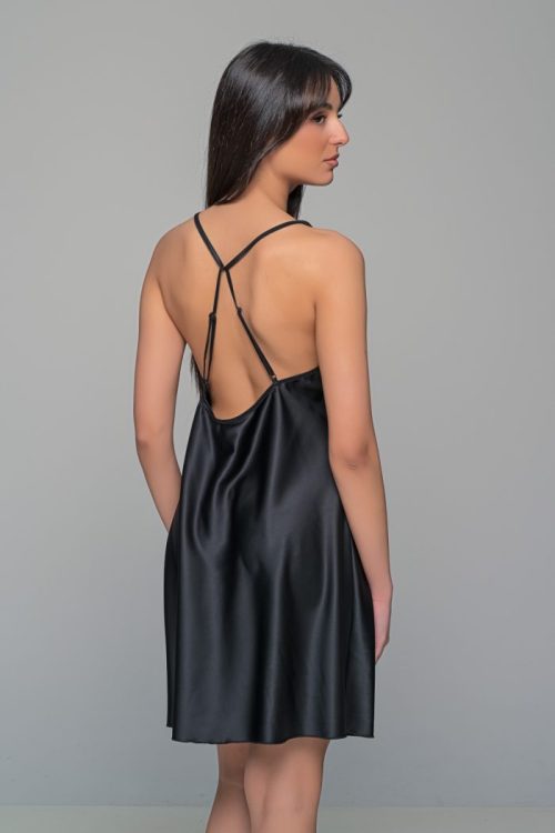 Milena Μαύρο Σατέν Nightdress Σετ με String – Μαύρο - Image 2
