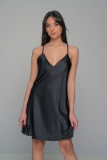 Milena Μαύρο Σατέν Nightdress Σετ με String – Μαύρο