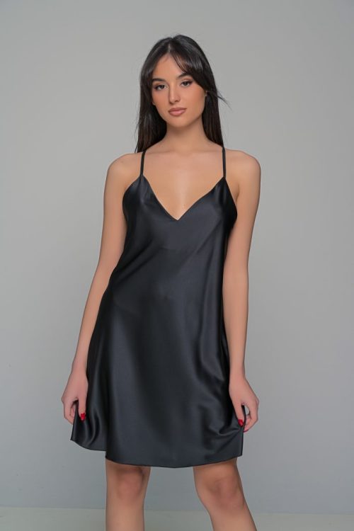 Milena Μαύρο Σατέν Nightdress Σετ με String – Μαύρο