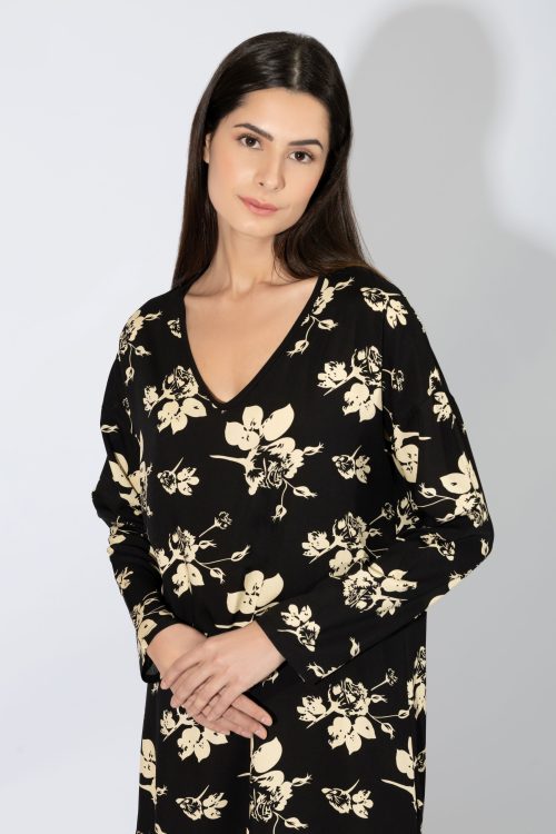 Harmony Μαύρο Floral Viscose Νυχτικάκι - Image 3
