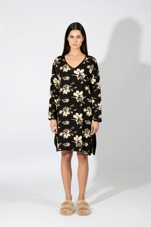 Harmony Μαύρο Floral Viscose Νυχτικάκι
