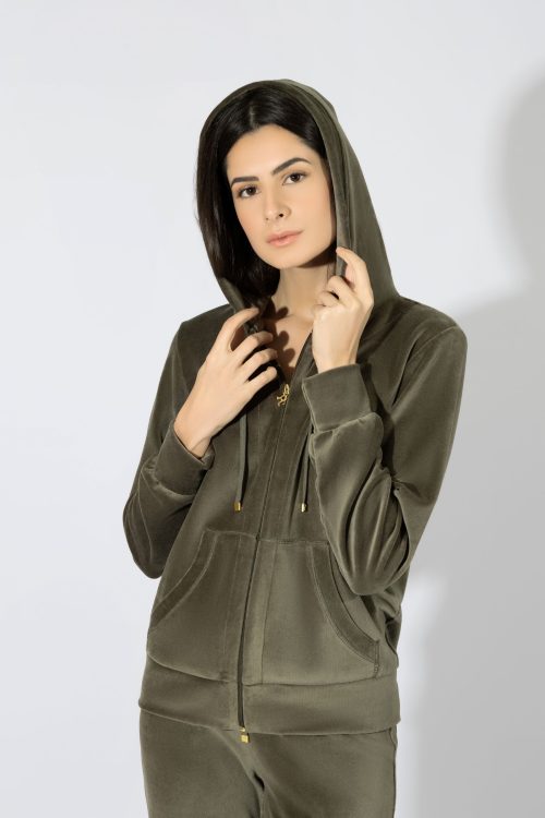 Harmony Olive Σετ Βελούδινες Φόρμες Γυναικείες με Κουκούλα - Image 2