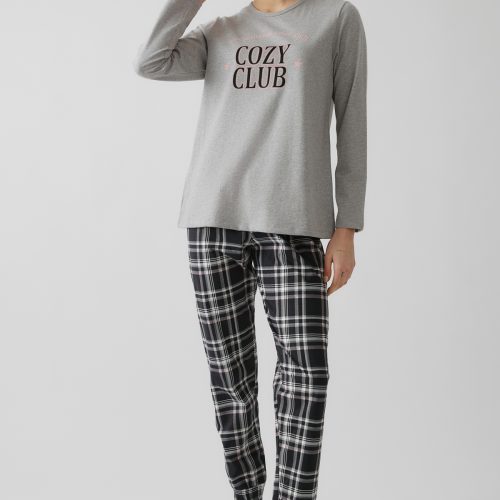 Minerva Cozy Club Βαμβακερή Γυναικεία Πυτζάμα Γκρι με Καρό Παντελόνι