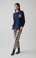 Minerva Bear Μαρέν Βαμβακερή Γυναικεία Πυτζάμα με Καρό Παντελόνι