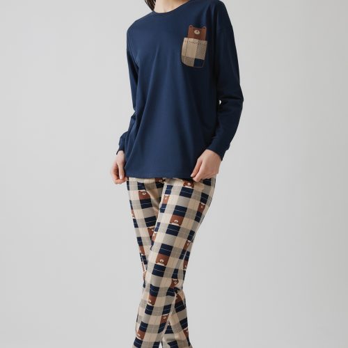 Minerva Bear Μαρέν Βαμβακερή Γυναικεία Πυτζάμα με Καρό Παντελόνι