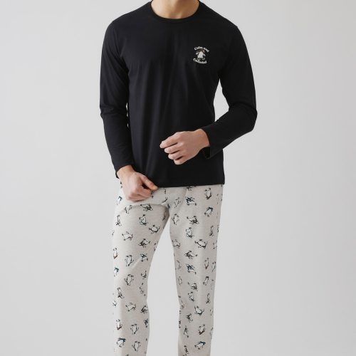 Minerva Penguin Μαύρη Βαμβακερή Ανδρική Πυτζάμα