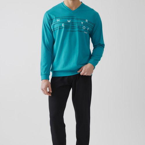 Minerva New York Blue Teal Βαμβακερή Ανδρική Πυτζάμα με V Λαιμόκοψη