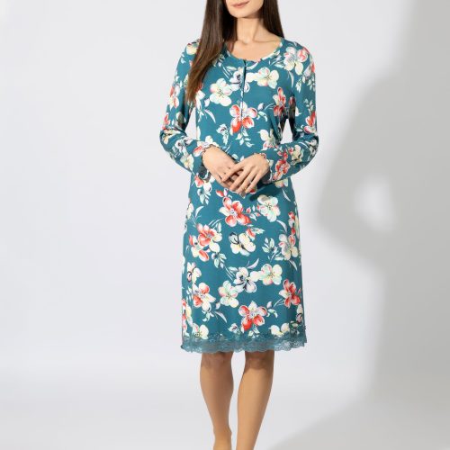 Harmony Πετρόλ Floral Micromodal Γυναικεία Νυχτικιά με Κουμπί