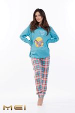 MEI Not a Morning Person Τυρκουάζ Γυναικεία Βαμβακερή Πυτζάμα με Καρό Παντελόνι