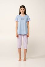 Vamp Γαλάζια Γυναικεία Βαμβακερή Πυτζάμα με Κάπρι Παντελόνι