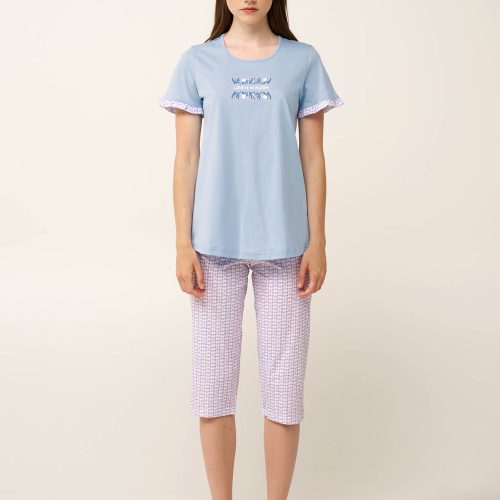 Vamp Γαλάζια Γυναικεία Βαμβακερή Πυτζάμα με Κάπρι Παντελόνι