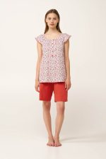 Vamp Κόκκινη Εμπριμέ Γυναικεία Βαμβακερή Πυτζάμα με Κουμπί