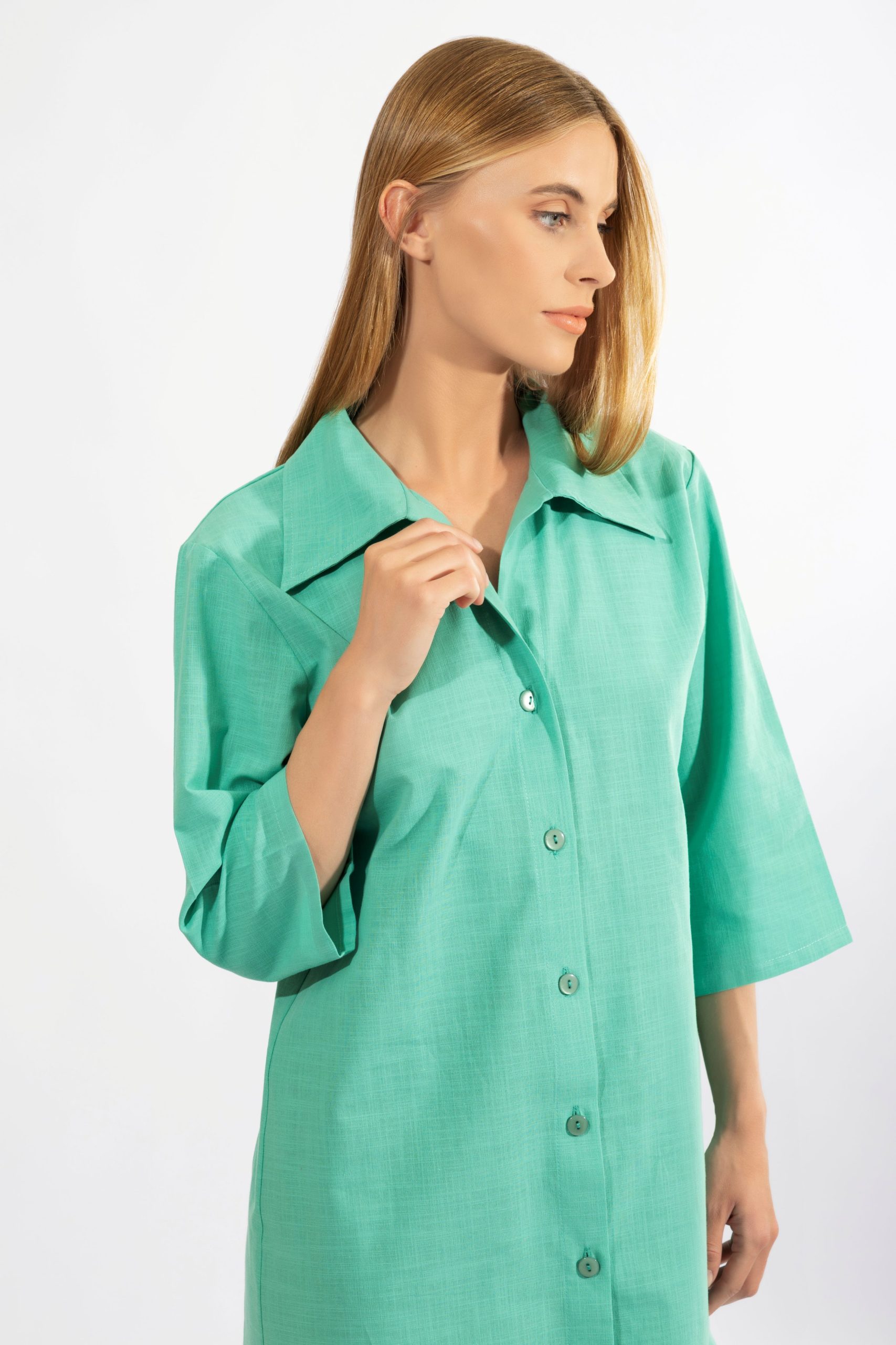 Harmony Σμαραγδί Βαμβακερή Λινό Πουκαμίσα με 3/4 Μανίκι - Image 2