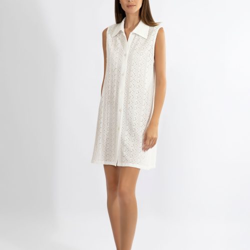 Harmony Λευκό Κουμπωτό Αμάνικο Φόρεμα με Γιακά