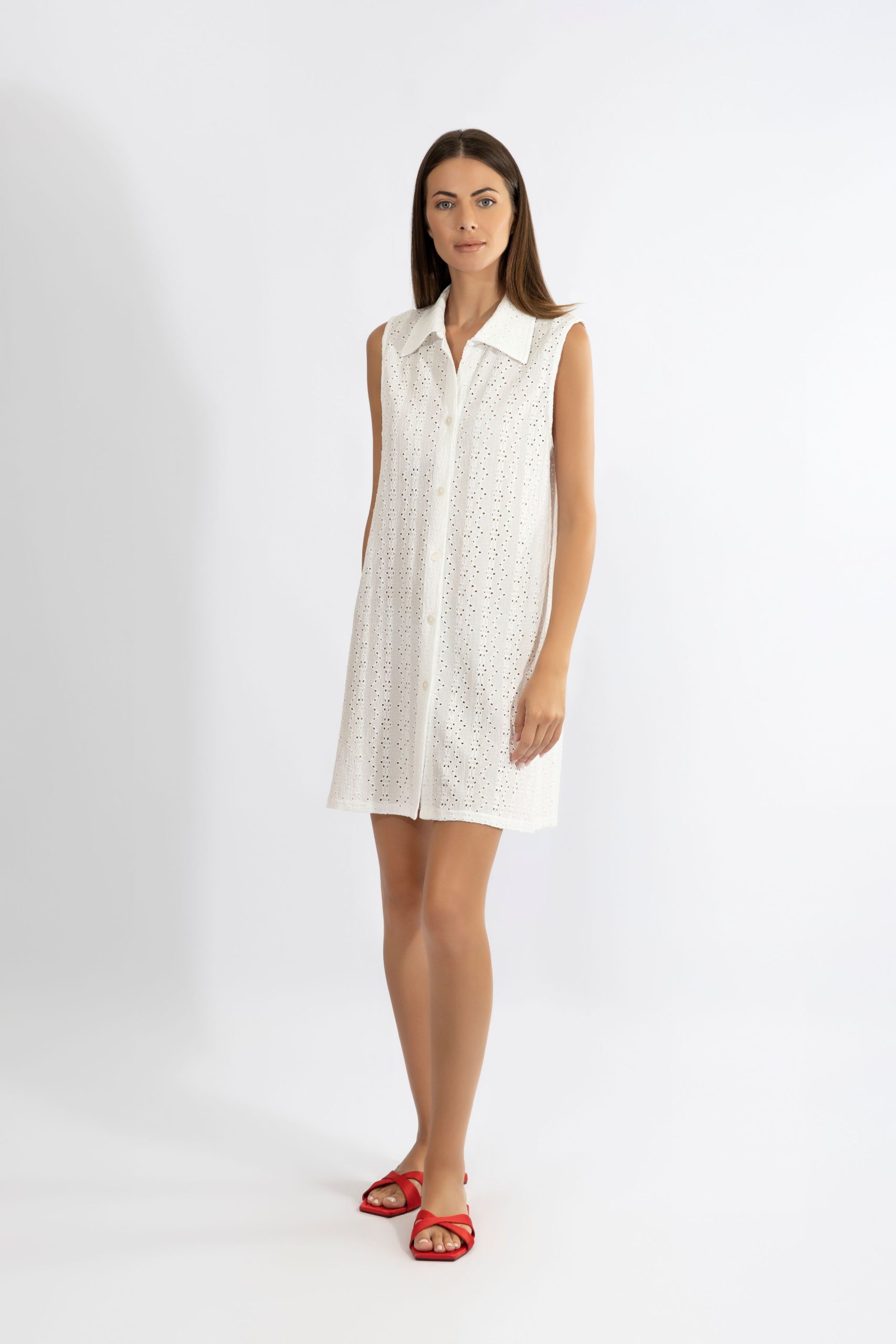 Harmony Λευκό Κουμπωτό Αμάνικο Φόρεμα με Γιακά