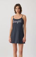 Minerva Rodeo Girl Ανθρακί Γυναικείο Βαμβακερό Νυχτικάκι με Λεπτή Τιράντα