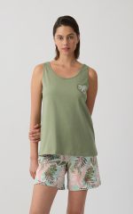 Minerva Tropical Χακί Αμάνικη Γυναικεία Βαμβακερή Πυτζάμα