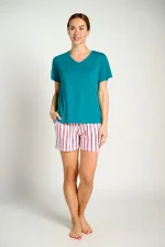 MUYDEMI Πετρόλ Γυναικεία Βαμβακερή Πυτζάμα με Κοντό Μανίκι