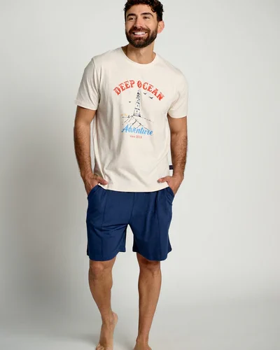 MUYDEMI Ocean Adventure Εκρού/Μπλε Ανδρική Βαμβακερή Πυτζάμα