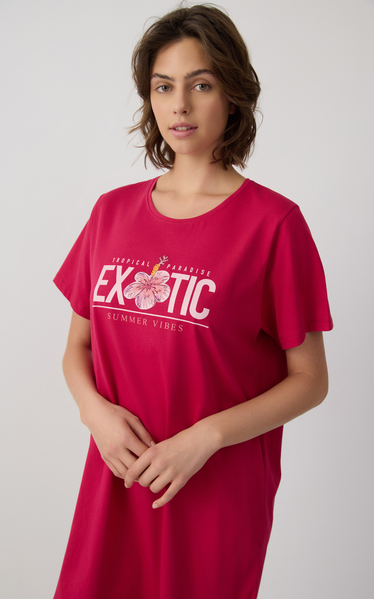 Minerva Κερασί Βαμβακερό Γυναικείο Boyfriend T-shirt Dress με Τύπωμα - Image 2