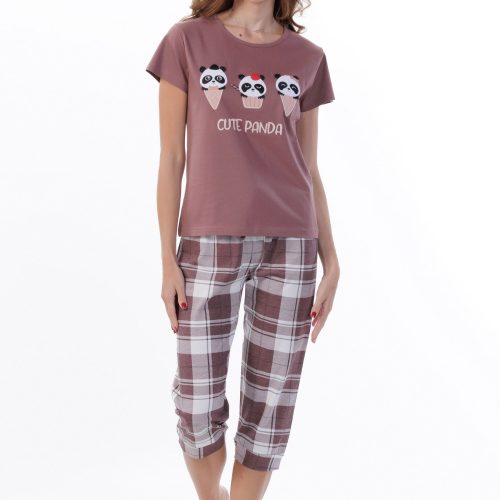 MEI Cute Panda Καφέ Γυναικεία Κάπρι Βαμβακερή Πυτζάμα