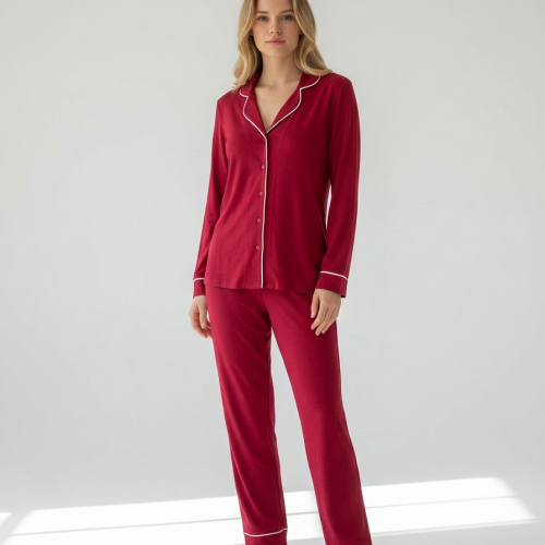 Harmony Red Wine Modal/Cotton Γυναικεία Κουμπωτή Πυτζάμα