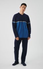 Minerva Μπλε Marine V Neck Punto Di Roma Ανδρική Πυτζάμα