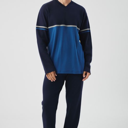 Minerva Μπλε Marine V Neck Punto Di Roma Ανδρική Πυτζάμα
