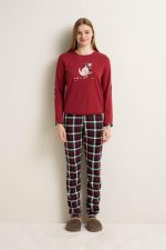 Vamp Μπορντό Γυναικεία Βαμβακερή Matching Πυτζάμα με Καρό