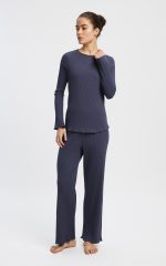 Minerva Μπλε indigo Rib Γυναικεία Βαμβακερή Πυτζάμα
