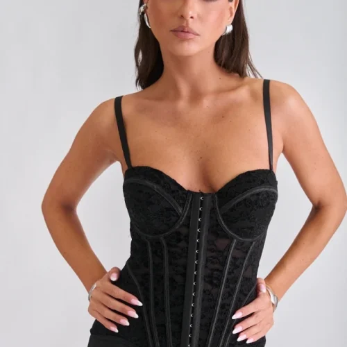 Μαύρος Κορσές Velvet Δαντέλα με Ελαφριά Ενίσχυση