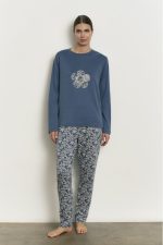 Promise Blue Marino Floral Βαμβακερή Γυναικεία Πυτζάμα
