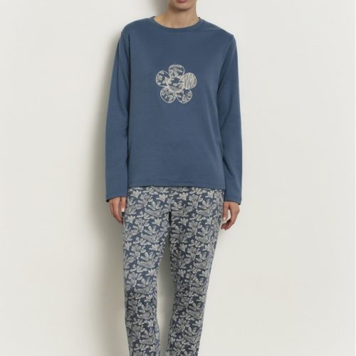 Promise Blue Marino Floral Βαμβακερή Γυναικεία Πυτζάμα
